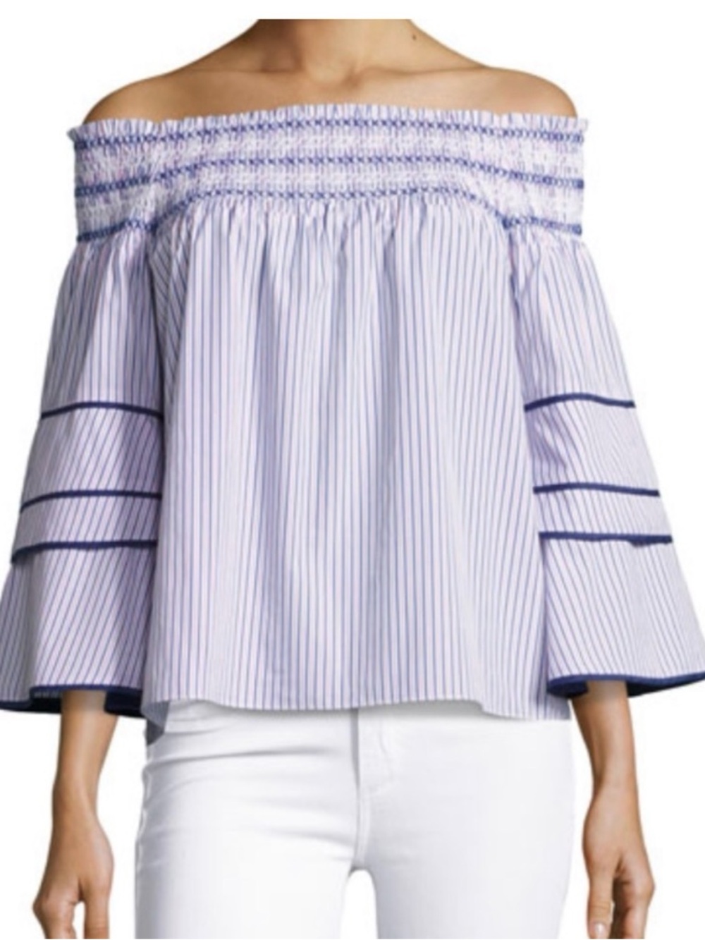 Parker Largo Striped Off Shoulder Blouse in Pink, White & Blue